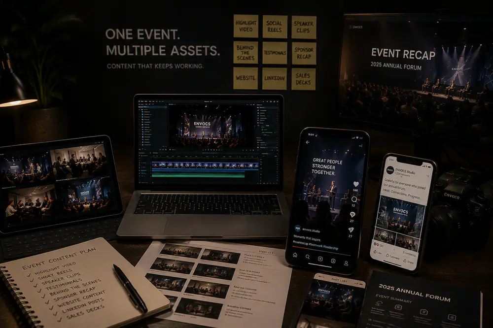 Cinematic content workspace showing one event being repurposed into video, social posts, website content, and sales assets